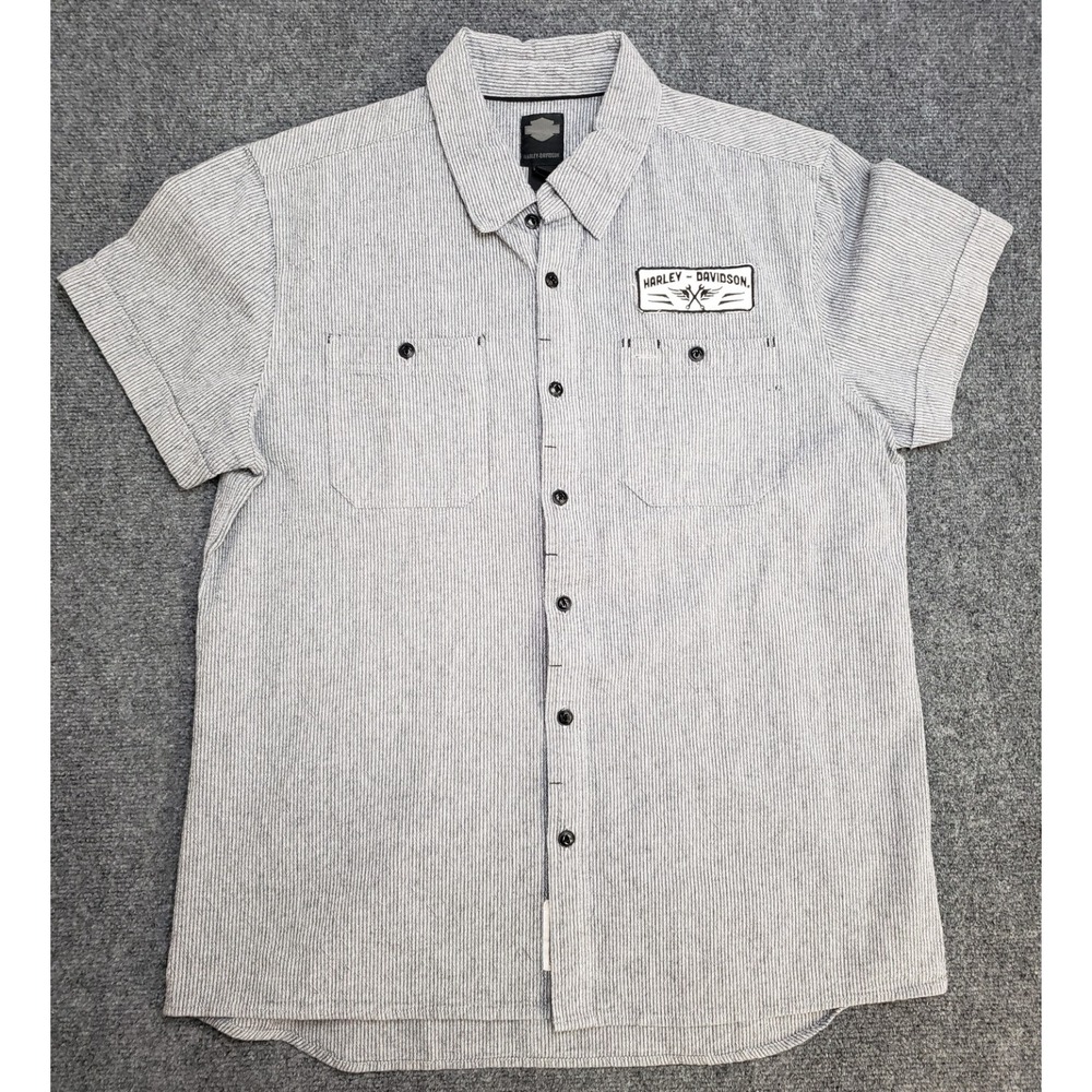 Harley Davidson Shirt Button Up Short Sleeve Mens XL Cuffed Gray